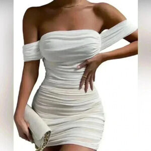 White Mesh Mini Bodycon Women’s Dress w/full nude lining size S/M stretch, NWT